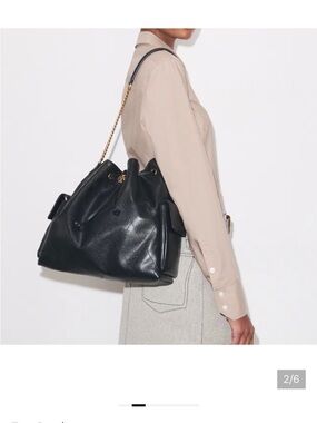 NWT Tory Burch Black Quilted Leather Drawstring Shoulder Tote Large